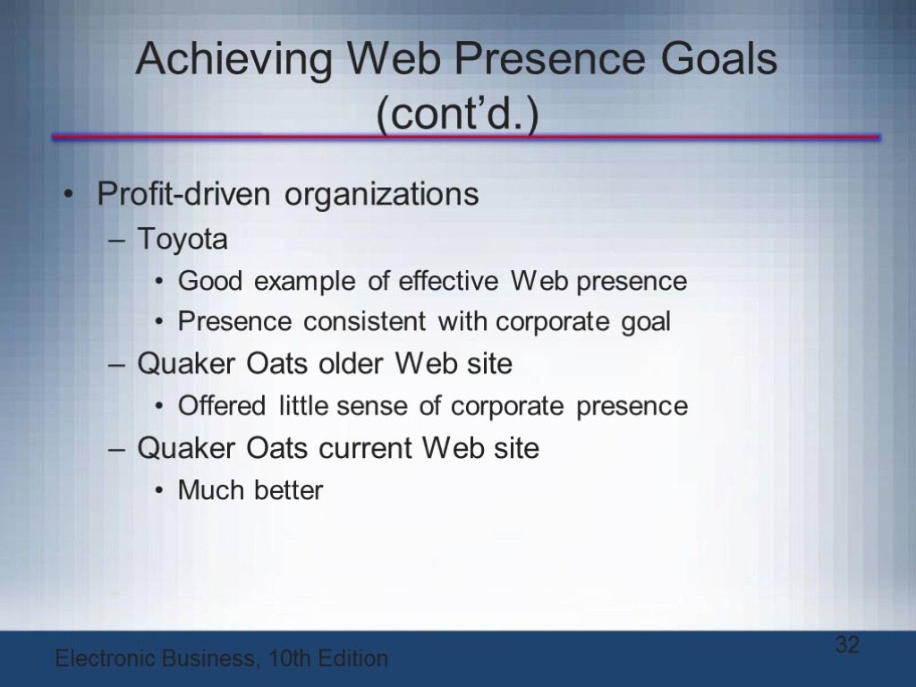 Achieving Web Presence Goals (cont’d.) Profit-driven organizations Toyota Good example of effective Web presence